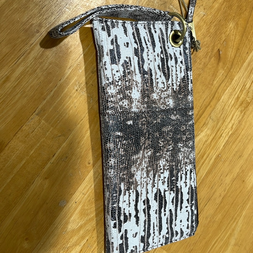 HOBO White and Brown Patterned Wristlet Clutch